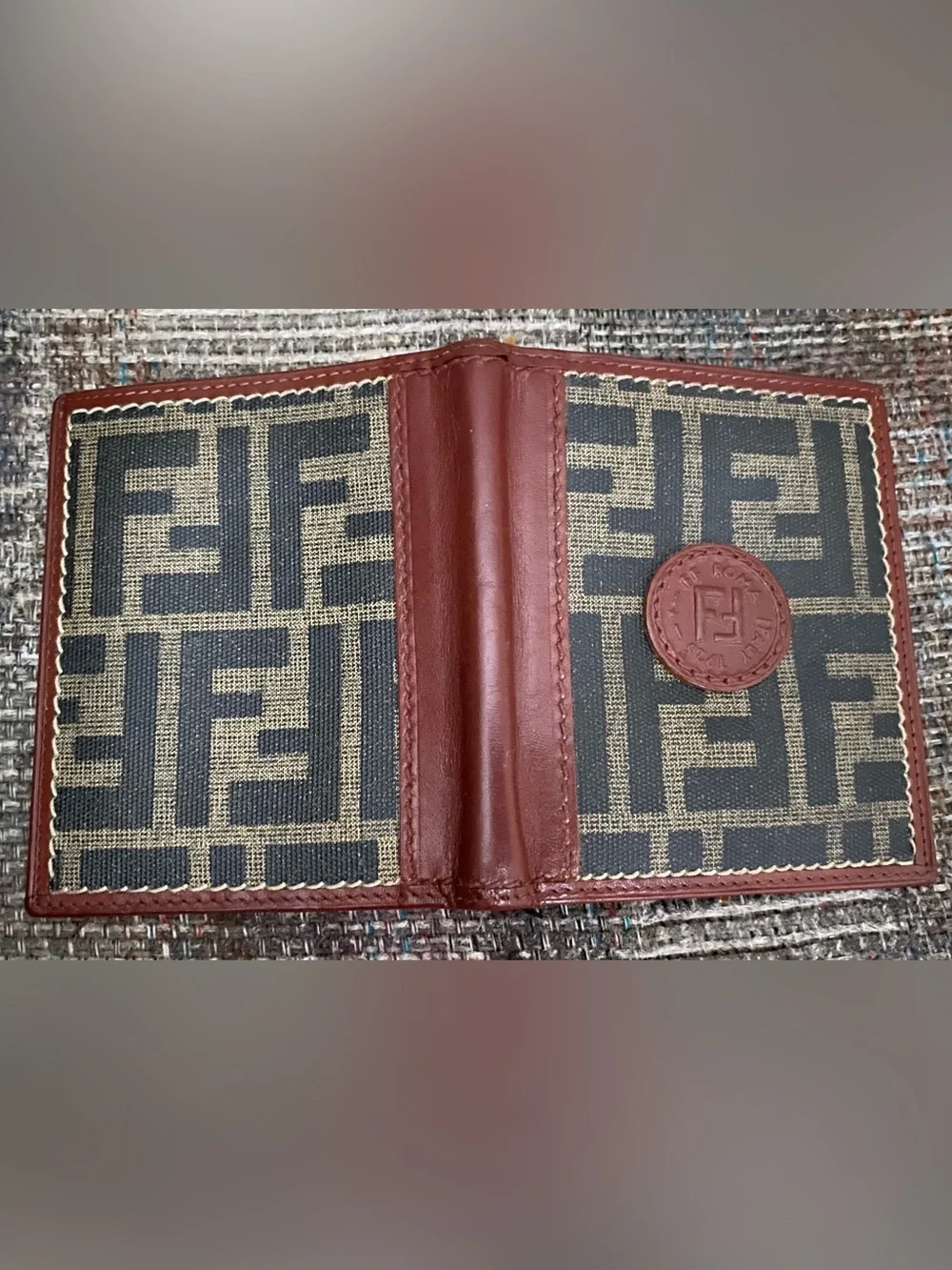Fendi Brown and Beige FF Logo Bifold Wallet.